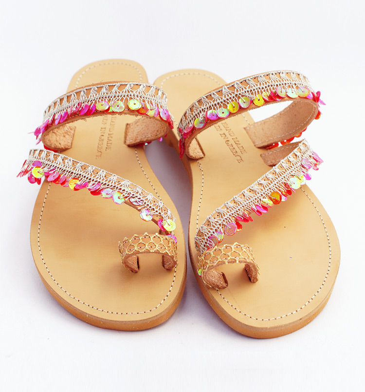 Slide sandals, Toe Ring sandals, Sequin sandals, Leather women sandals “Red Beach”