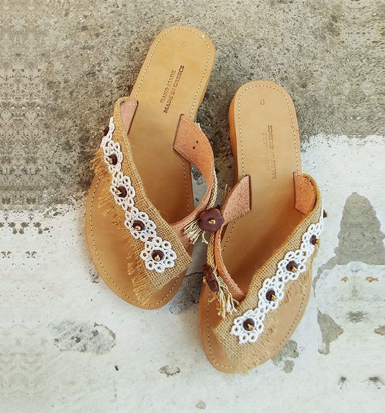 Leather sandals, slip-on sandals with lace, beaded sandals, greek sandals handmade, lace sandals, white sandals lefka ori