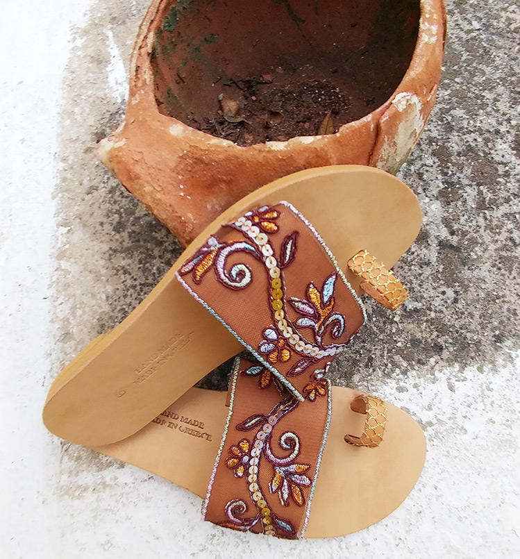 Elegant sandals, Toe ring sandals, Leather flat sandals, Lace sandals “Knossos”